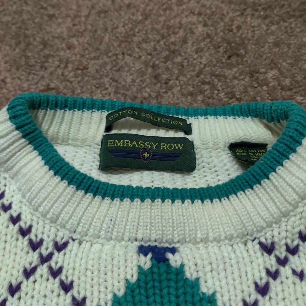 Vintage Embassy Row Sweater Mens Large Argyle Cotton Retro Preppy Diamond White - Picture 3 of 8